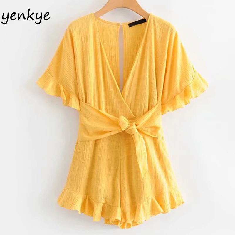 

Sexy Backless Yellow Beach Jumpsuit Women Butterfly Sleeve V Neck Sashes Ruffle Casual Summer Jumpsuit Short romper mono mujer