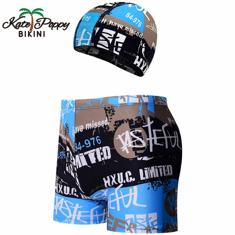 

1Set/2Pcs Professional Mens Swimwear Briefs Outdoor Swimming Trunks Boxer with Swimming Cap Beach Shorts