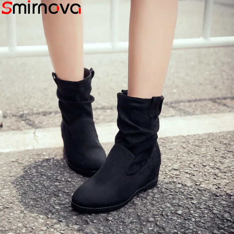 

Smirnova 2020 new arrival winter boots with metal decoration high increasing heels platform shoes zip solid ankle boots