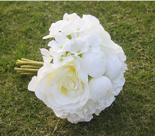 

9pcs 9" Silk Artificial Flower Bouquet Hydrangeas/ Roses/ Peonies/ Ranunculus for Home/ Wedding Decorations White champagne