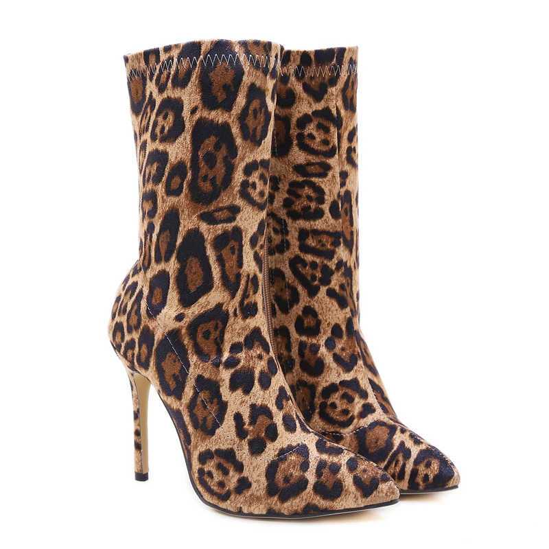 

11cm Heels Fashion Women Leopard Boots Sexy Ankle Boots Pointed Toe Casual Shoes Spring High Heels Boots Ladies Pumps