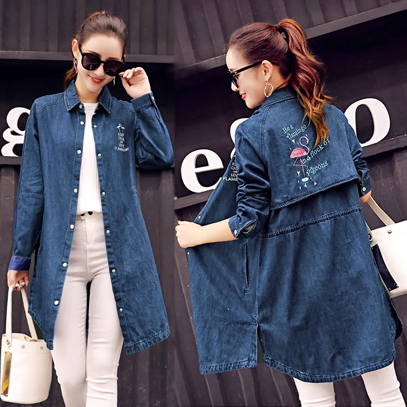 Women Bird Letter Embroidery Denim Trench Coats 2018 New Casual Loose ...