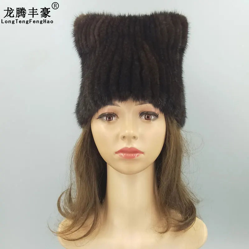 Женская вязаная шапка из натурального меха с кошачьими ушками, шапка для девочки из меха норки, вязаная шерстяная шапка бини, женская зимняя шапка