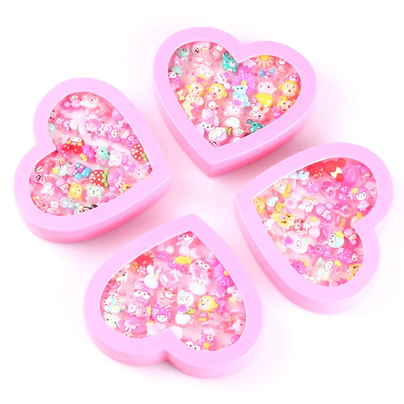 

Cute Girls Toys 36pcs Cartoon Rings With Pink Box Kids Pretend Play Toys For Children Beauty Fashion Birthday Party Gifts