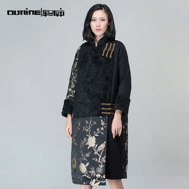 Best price at $115 Cheap Outline Brand Women Autumn Winter Parka With Original Design Embroidery National Trend Parkas Loose Vintage Parkas L164Y009