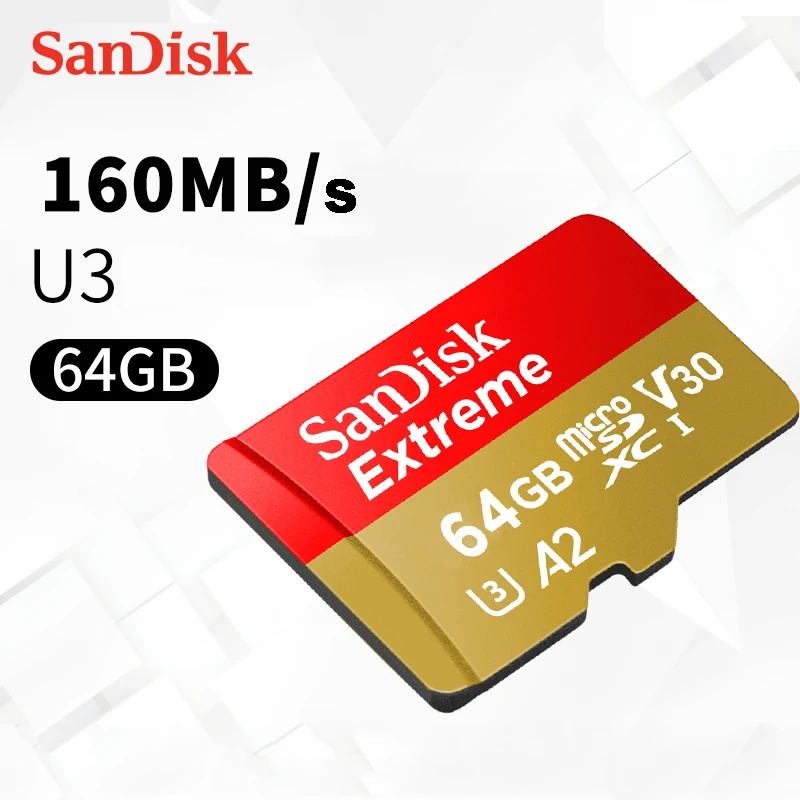 Sandisk Extreme Micro SD карта U3 V30 A2 64 Гб 128 ГБ 256 32 A1 флэш память TF с адаптером для спортивных
