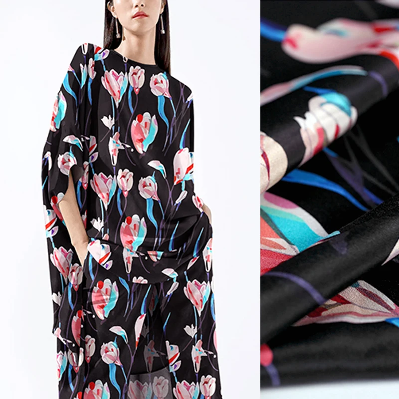 

110CM Wide 14MM Pink Tulips Print Black Blue Silk Crepe Fabric for Summer Dress Shirt Scarf Cheongsam Skirt Pants Suit E934