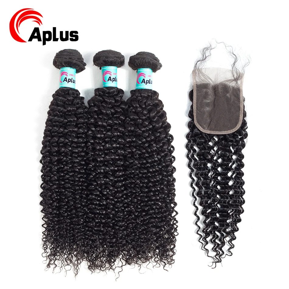 

Aplus Hair Mongolian Kinky Curly Hair 3 Bundles With Closure With Baby Hair 4Pcs/lot 100%Human Hair Bundles With Closure Nonremy