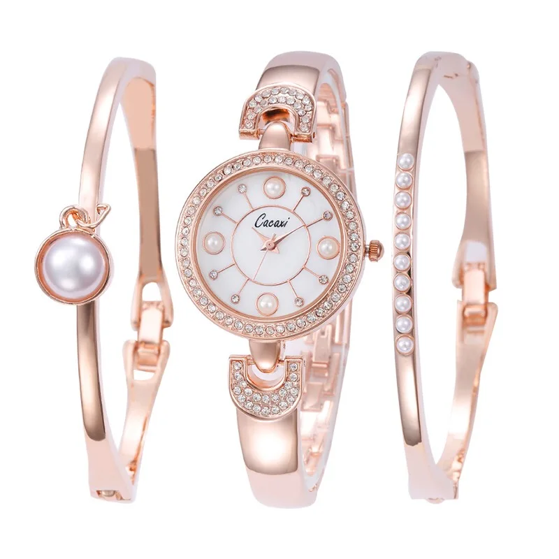 

Cacaxi Brand Original Women Watch Set 3pcs Pearls Diamond Rose Golden Women Band Quartz Watches Bracelets Relogio Feminino
