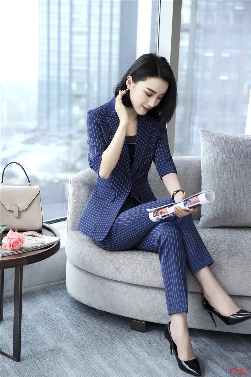 Conceptions Styles Manches Et Costumes D'affaires Veste Bleu Dames Rayé Avec Moitié Bureau Ensemble Pantalon Uniformes Formelle Blazer Femmes xW6TqAxSn