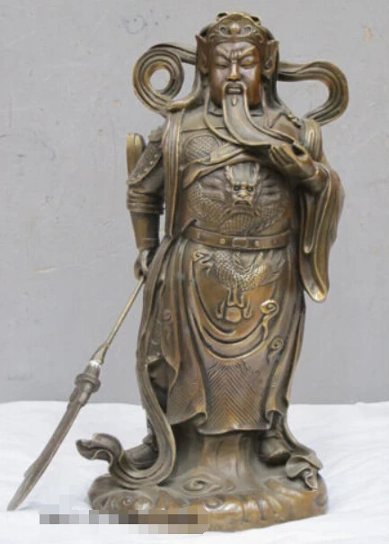 

15"Chinese battle saint Bronze sculpture dragon Guang Gong Statue Guan Yu