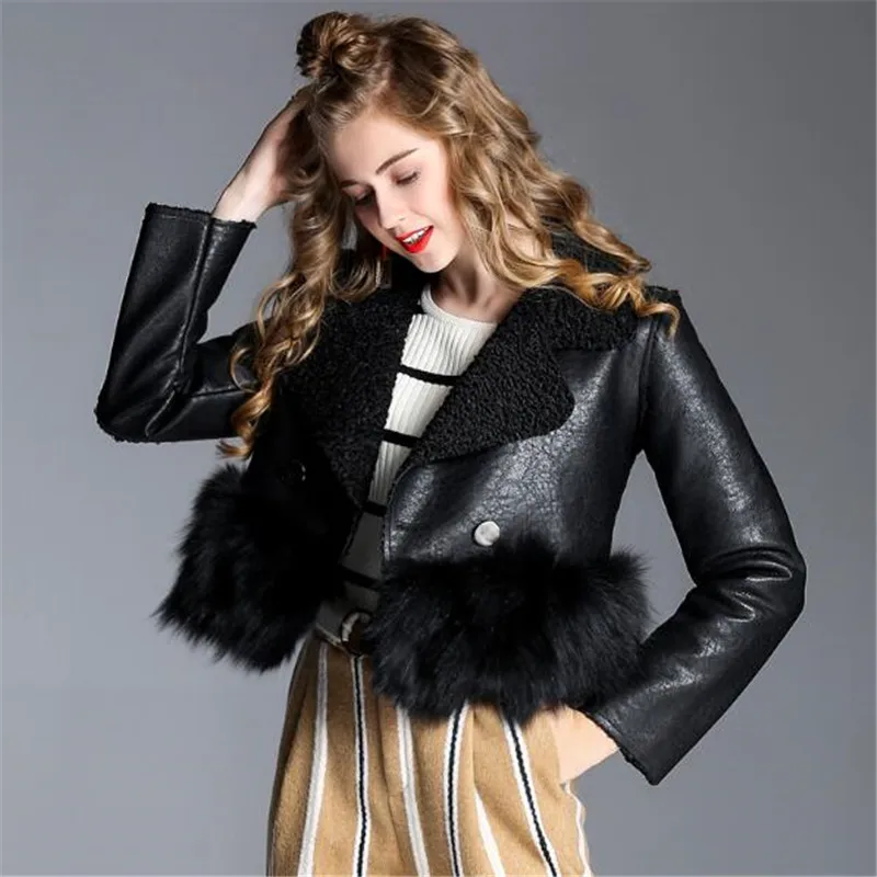 Кожаная женская куртка, новинка, Осень-зима, Женское пальто из искусственной кожи, пальто из овечьей шерсти, весеннее короткое сексуальное пальто для девочек, Женское пальто из кроличьей шерсти A0156