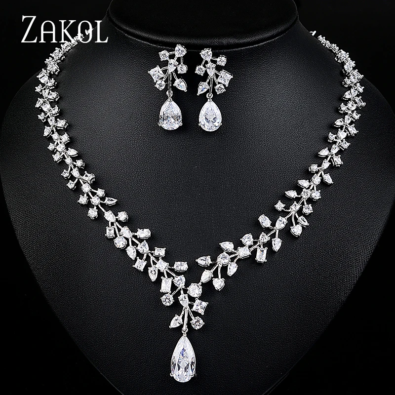 

ZAKOL Luxury Plant Branch Sliver Color AAA Cubic Zirconia Flower Jewelry Sets For Bridal Wedding Engagement Jewelry FSSP072
