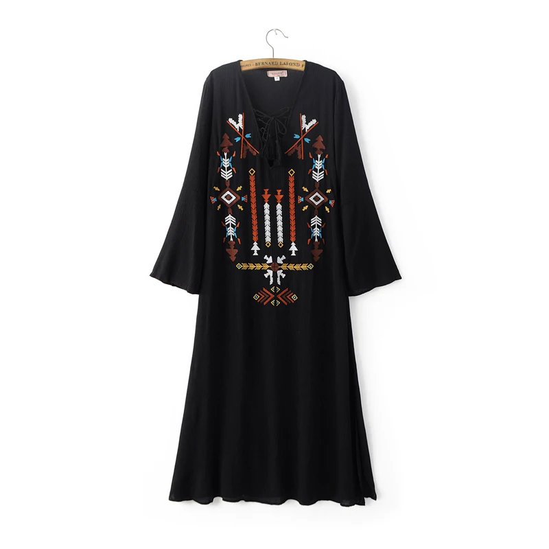 

PERHAPS U black bohemian boho geometric embroidery long flare sleeve lace up tassel maxi split long dress loose casual D0304