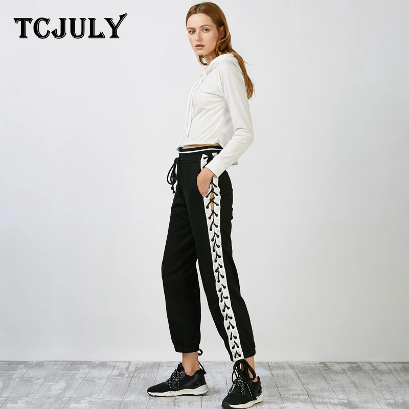 TCJULY 2019 демисезонная уличная одежда полый Тонкий брюки Для женщин Высокая талия на кулиске Criss Cross прямой максимальной длины брюки