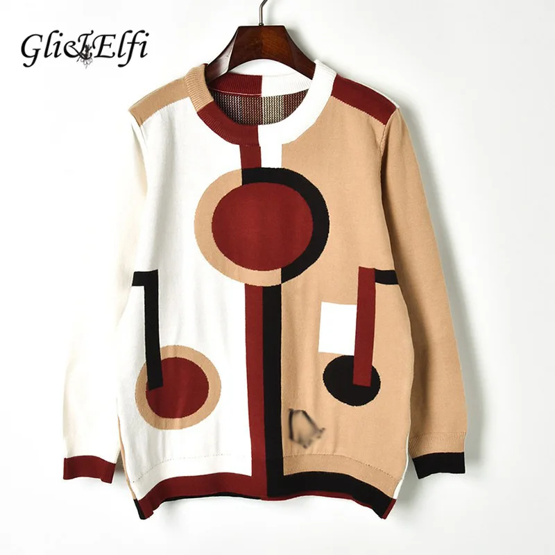 

Women Pullover Sweater Geometric Note Jacquard 2018 Autumn Winter Casual Lady Contrast Stitch Knitted Tops Jumper Fancy Pullover