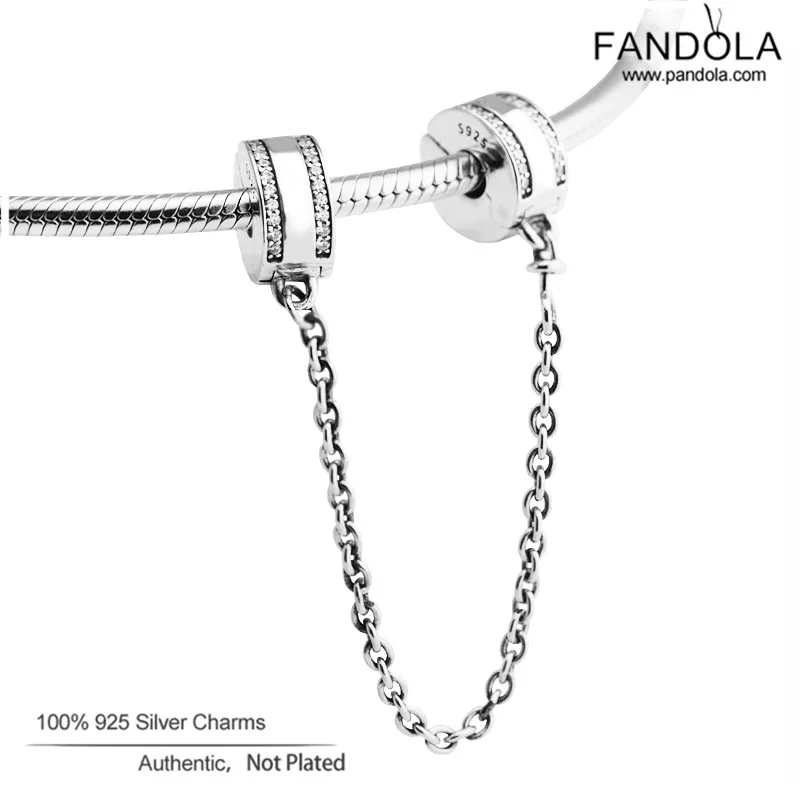 

Authentic 925 Sterling Silver Jewelry Clear CZ Insignia Safety Chain Clip Charms for DIY Charms Bracelet Argent Berloque