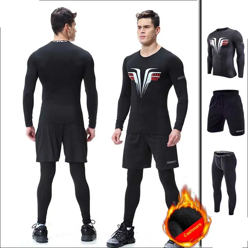 

3 Pieces Men GYM Compress Fitness Sets Long Tee Top + Legging + Shorts Workout Exercise Sport Shirts Running Tights A309