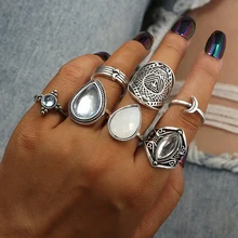 Tocona 7 sztuk/zestaw Vintage Antique kolor srebrny kropla wody Opal kamień Knuckle Finger Midi zestaw pierścieni dla kobiet czeski biżuteria 6338