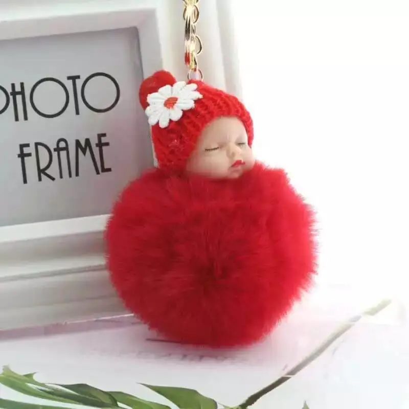

2018 New Sleeping Baby Doll Women Fluffy Pompom Keychain llavero pom pom key chain Rabbit Fur Ball Chaveiro Pompon Porte clef