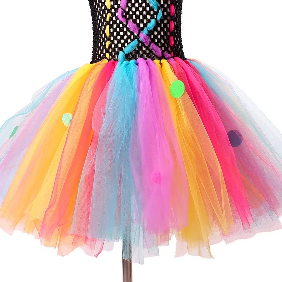 Girls Rainbow Fancy Halloween Tutu Dress Princess Handmade Multi Coloured Tulle Clothing Children Cosplay Clown Pageant Costume (14)