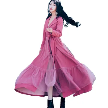 

New Fashion Women X-Long Trench Coat 2018 Designer Autumn Turn Down Collar Patchwork Mesh Female Slim Sashes Windbreaker Coats