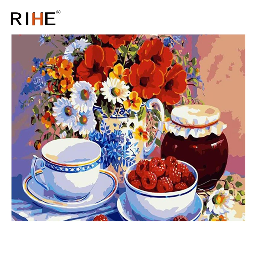 

RIHE Table Strawberry Diy Painting By Numbers Flower Vase Oil Painting Cup Cuadros Decoracion Acrylic Paint On Canvas Modern Art