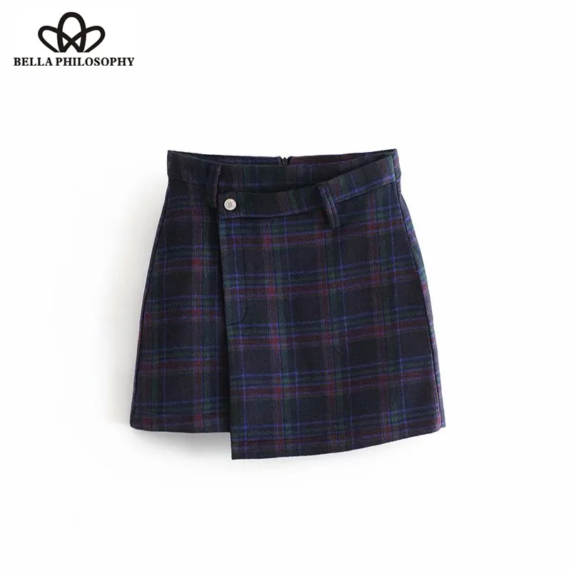 Wonder 2018 new autumn plaid pattern woolen irregular pencil skirt faldas mujer ladies chic high street back zipper mini skirts