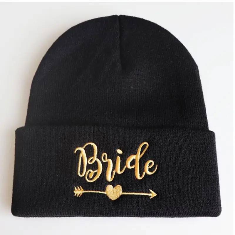 Зимняя вязаная шапка с манжетами для свадебной команды, женские вечерние шапки с золотыми вышитыми буквами, лыжная Теплая эластичная шапочка
