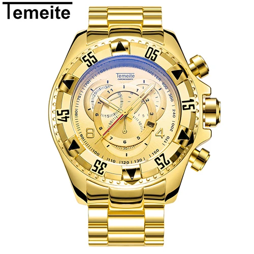 golden Temeite спортивные часы для мужчин лучший бренд Роскошные Кварцевые наручные часы для мужчин большой циферблат из нержавеющей стали мужские часы Relogio Masculino - Цвет: golden