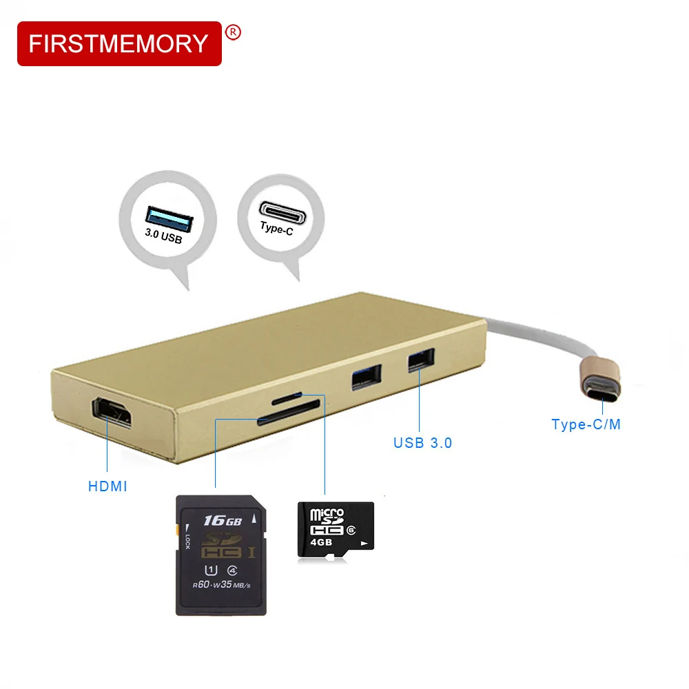 Firstmemory Тип-C концентратор 7-в-1 Порты и разъёмы концентратор HDMI адаптер с Тип C Мощность доставки зарядки Порты и разъёмы TF/SD кард-ридер для Macbook pro