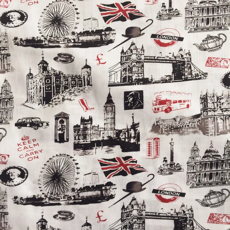

100X140cm Retro London Big Ben Buckingham Palace Cream Background Cotton Fabric for Curtain Table Cloth Cushion Cover DIY-AF503