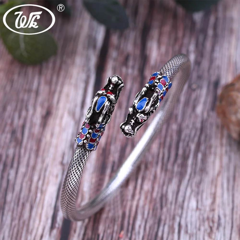 

WK Real 925 Thai Silver Punk Vintage Viking Bangle Bracelet Mesh Shape NEW Design Dragon Bangles For Men Jewelry Gift W4 BN002