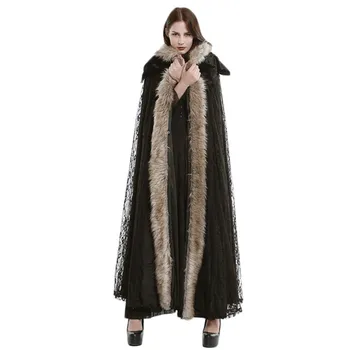 

Women Capes Ponchos Halloween Cosplay Hooded Fur Cloak Autumn Winter Fashion Long Gothic Coat Female Lace Velvet Cape Overcoat