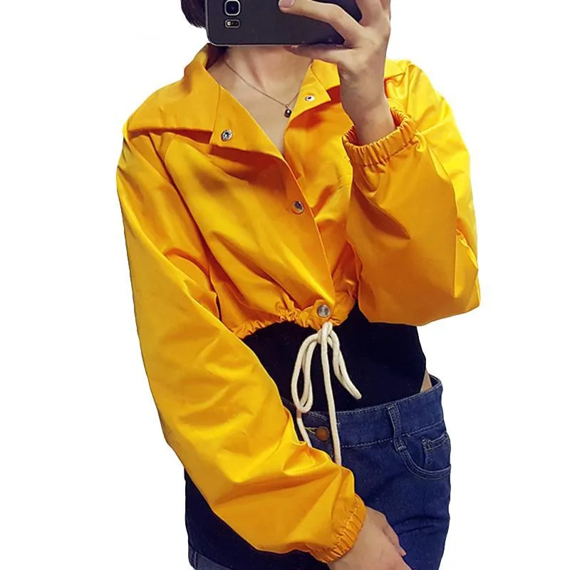 Women Fall Yellow Solid Coat Streetwear Drawstring Lace Up Crop Top