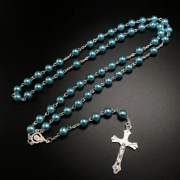 

8 Colors 8mm long glass Imitation pearl bead rosaries Necklace Silver Drop Cross Virgin Mary Center Rosary Jesus Pendants