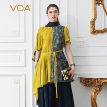 Voa шёлковый футболка Для женщин Топ Плюс Размеры: Свободная Женская Футболка Harajuku летние Асимметричные хит Цвет сращивания пояса Повседневное Haut Femme B522