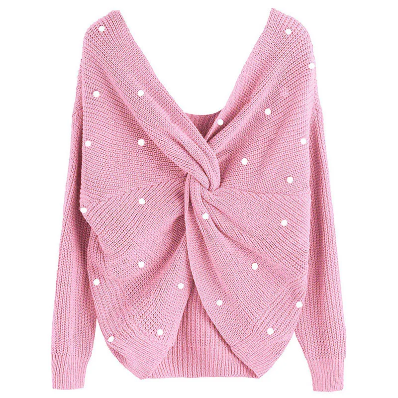 Сексуальная Открытая спина крест жемчуг свитер пуловер Джемпер вязание свободная одежда женский длинный рукав вязаный женский зимний свитер - Цвет: Розовый