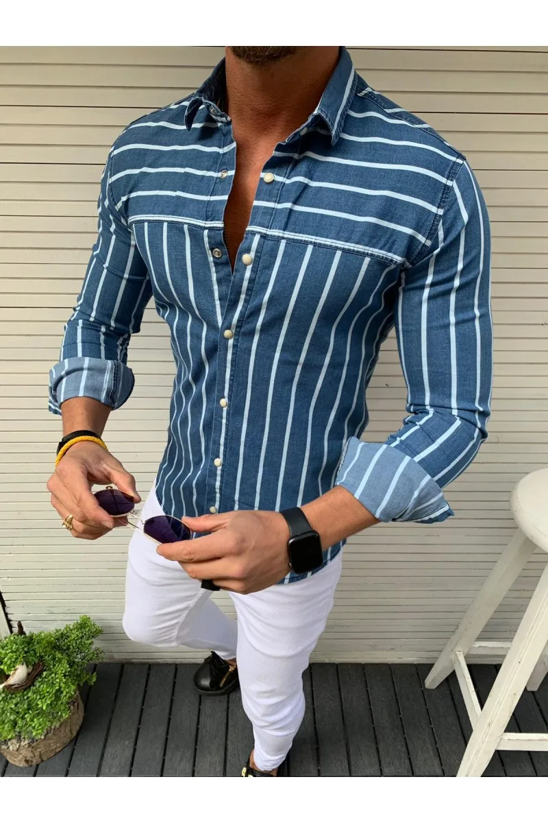 Летняя Роскошная модная мужская приталенная рубашка с длинным рукавом, Мужская одежда, повседневная рубашка, топы для бодибилдинга, уличная одежда, M-2XL - Цвет: Синий
