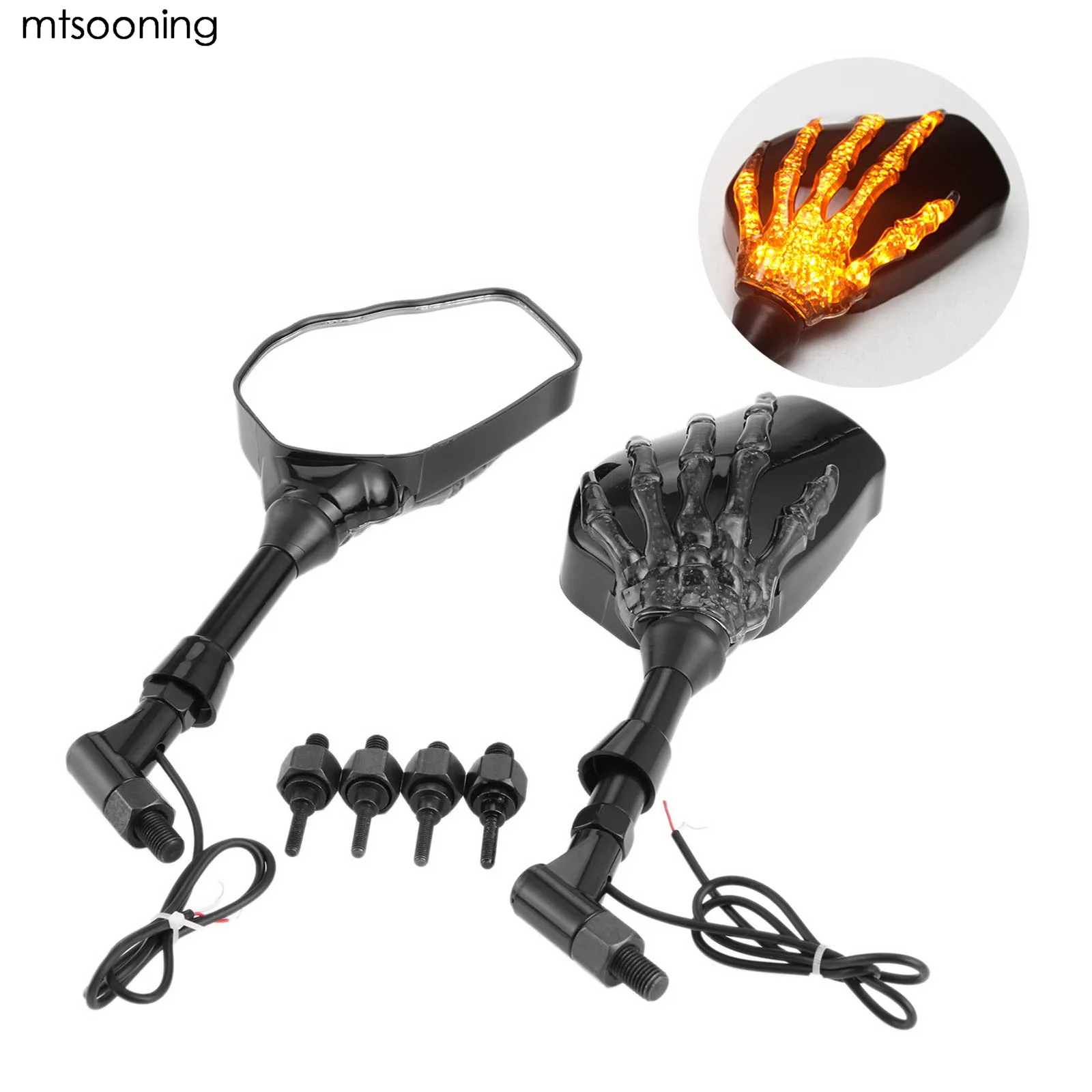 

mtsooning 2Pcs Motorcycle Side Mirror 8mm 10mm Skull Integrated LED Turn Signal Light Mirrors For Universal Moto Rearview Mirror