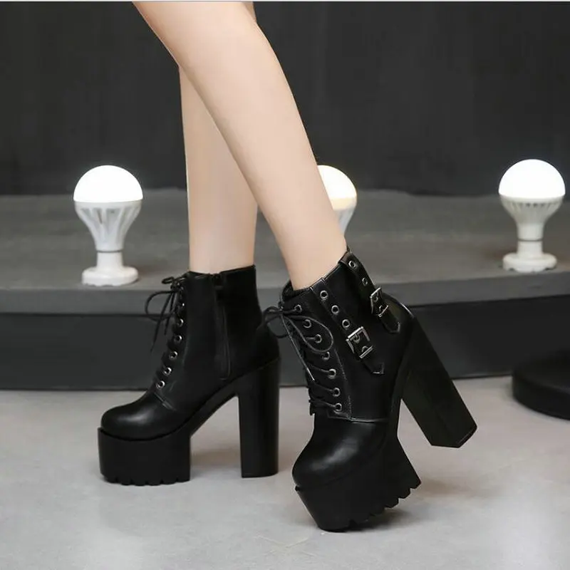 

Women Rock Punk Spikes Rivets Ankle short Boots Biker Lita Platform Block Ultra Super High Heel 14cm Bota Chelsea Shoes UU-87