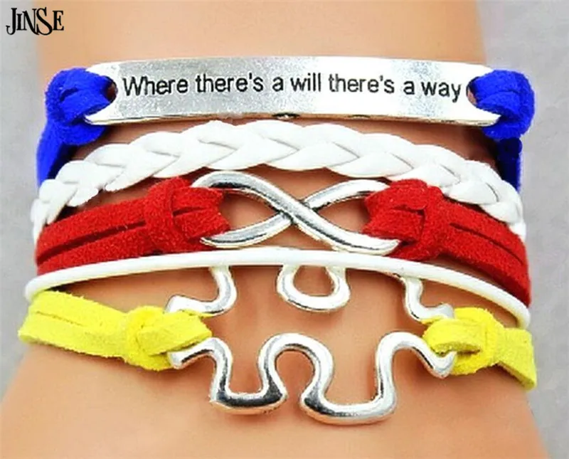 

JINSE Autism Awareness Leather Bracelet Puzzle Piece InfinityWhereThere's A WillWay Bradied Puzzle Piece Bracelet-Customized
