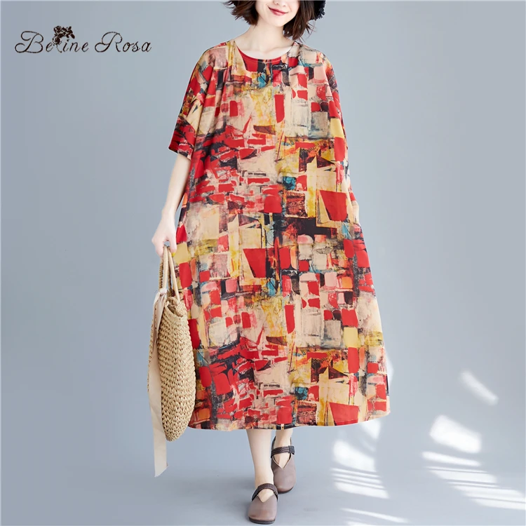 

BelineRosa Casual Large Size Women Clothes Retro Printing Cotton Linen Dresses One Size Fit 2XL 3XL 4XL 5XL BSDM0260