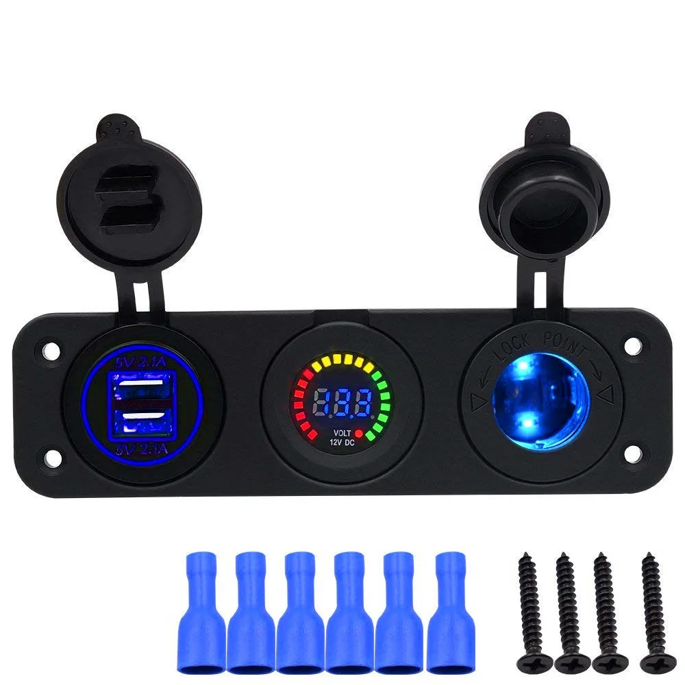 

Car Boat Switch Panel 12V Outlet Socket Panel Blue LED Voltmeter Dual USB Power Adapter Charger for Auto Boat Marine RV