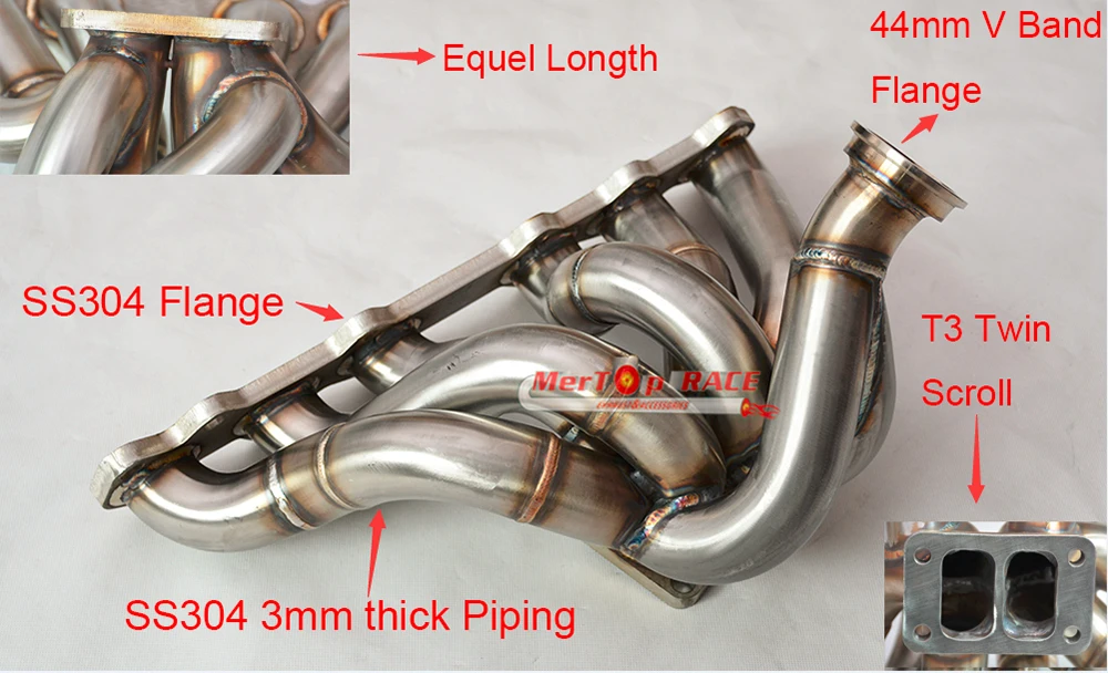 

MERTOP RACE Full SS304 3.0mm T3 Twin Scroll Turbo 6-1 Semi Equel length Manifold Exhaust Fits 93-97 Toyo Supra 2JZ-GTE 2JZ