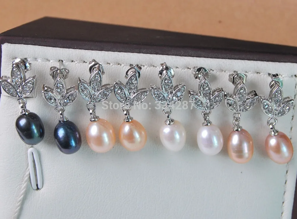 

New! 4Colors 8-9mm Rice Akoya Cultured Pearl Dangle Earrings AAA Grade