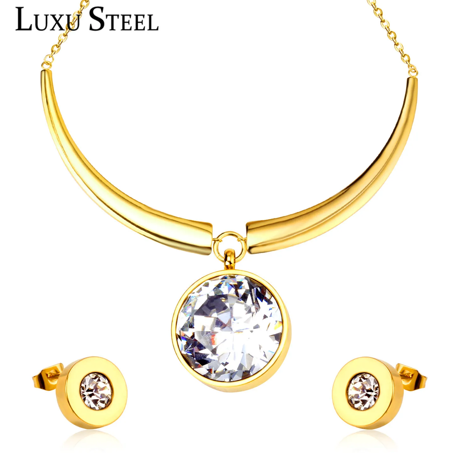 LUXUSTEEL Stainless Steel Jewelry Sets Colorful Crystal Necklace