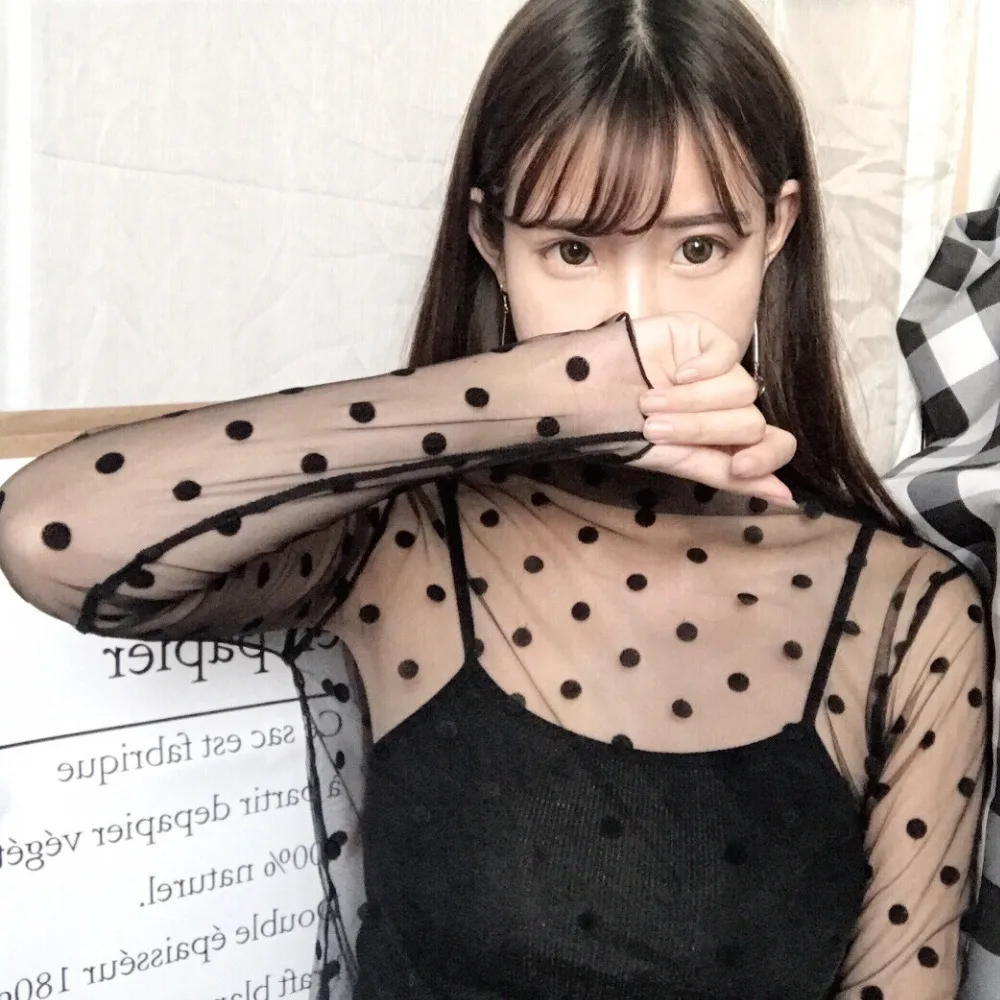 

Summer new temperament black perspective mesh bottoming shirt thin section hollow fishing net clothing