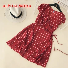 ALPHALMODA женское летнее шифоновое платье в горошек с оборками, перекрестная шнуровка, v-образный вырез, женские шикарные платья