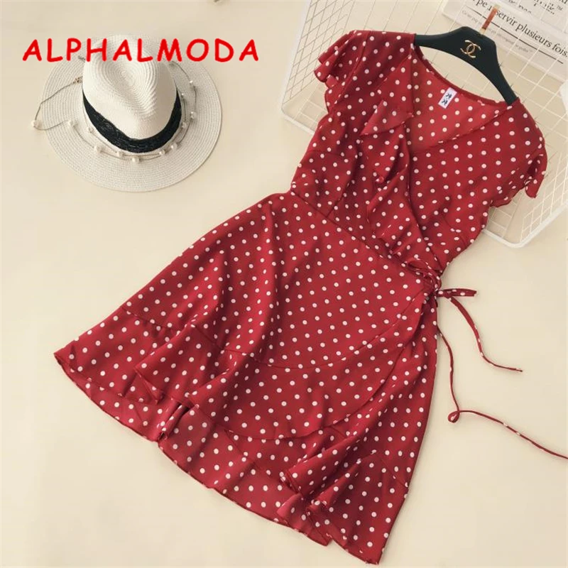 

ALPHALMODA 2018 Women Polka Dot Ruffled Trim Summer Chiffon Dress Cross Lacing Up V-collar Ladies Chic Frisk Vestidos